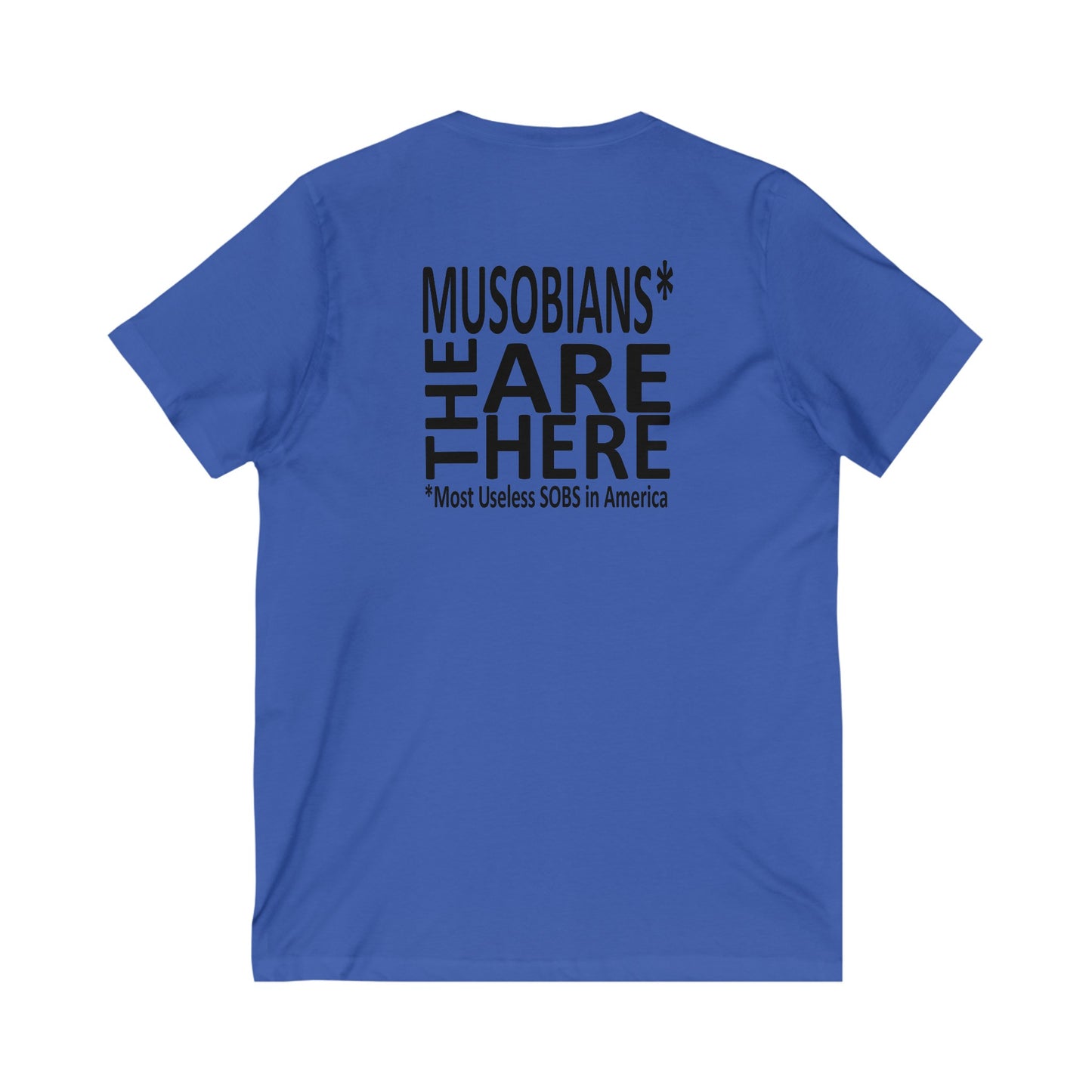 Musobians Are Here back design on blue V-neck T-shirt