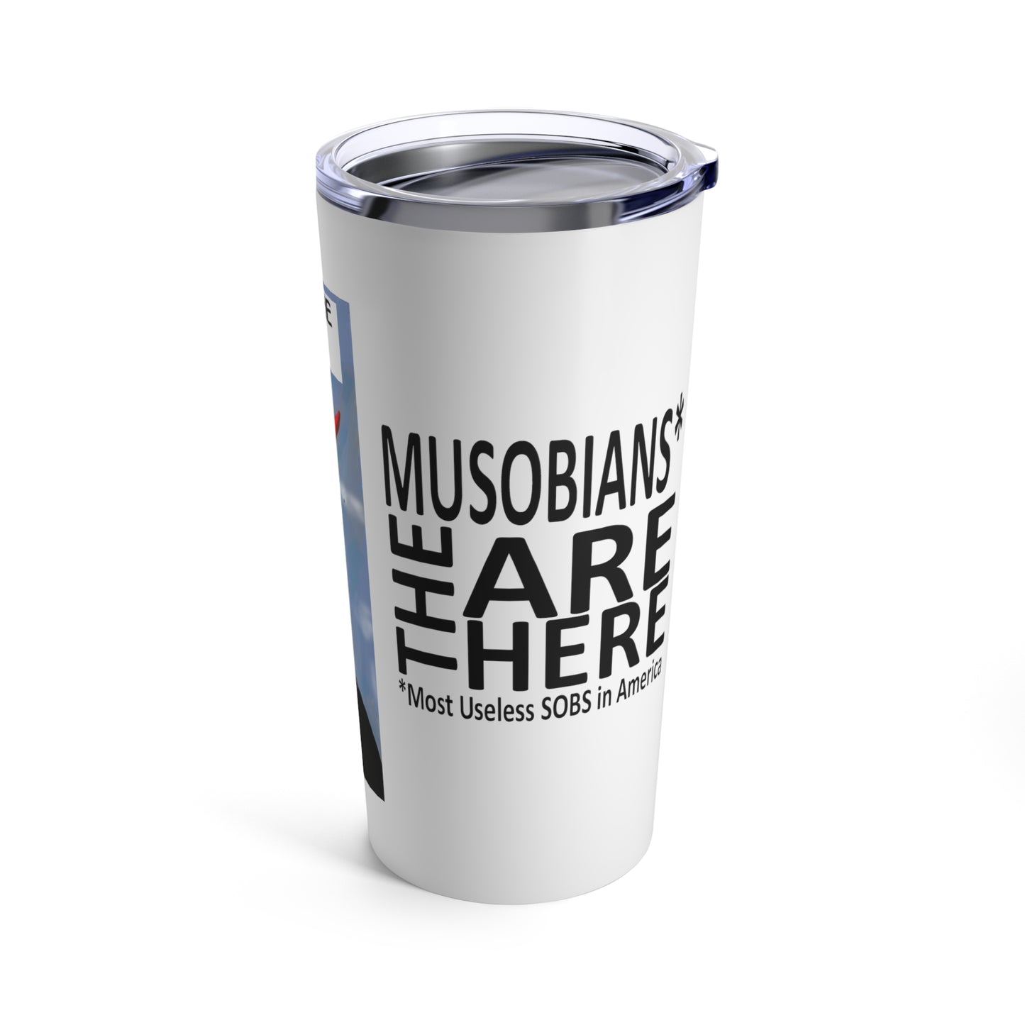 Back of the Capitol Devils 20 oz tumbler featuring the Musobians Are Here logo