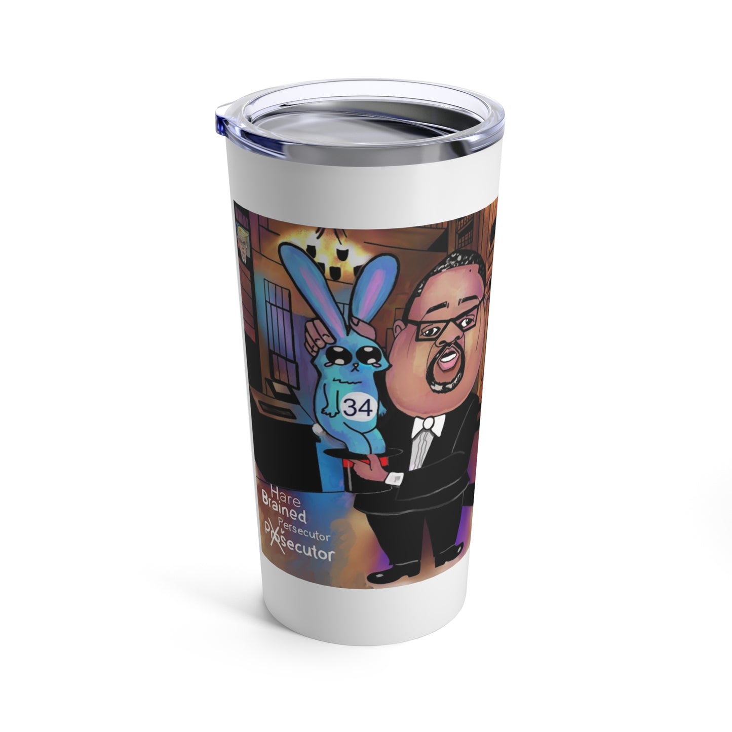 Shop the Hare Brain Persecutor 20 oz tumbler featuring an Alvin Bragg political caricature and original Musobia courtroom satire.