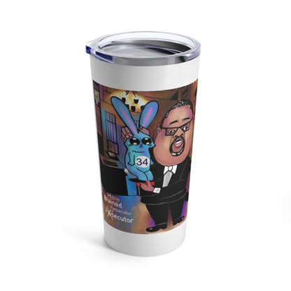 Shop the Hare Brain Persecutor 20 oz tumbler featuring an Alvin Bragg political caricature and original Musobia courtroom satire.