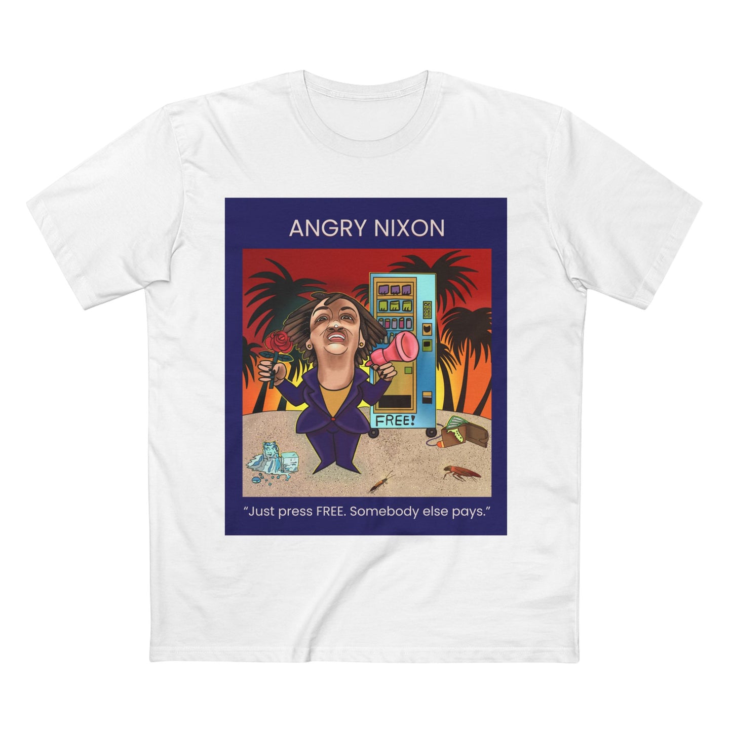 Angry Nixon Angie Nixon political satire T-shirt with FREE vending machine caricature
