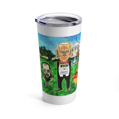 Biden ATM funny political gift tumbler featuring Joe Biden, Xi Jinping, and Volodymyr Zelensky