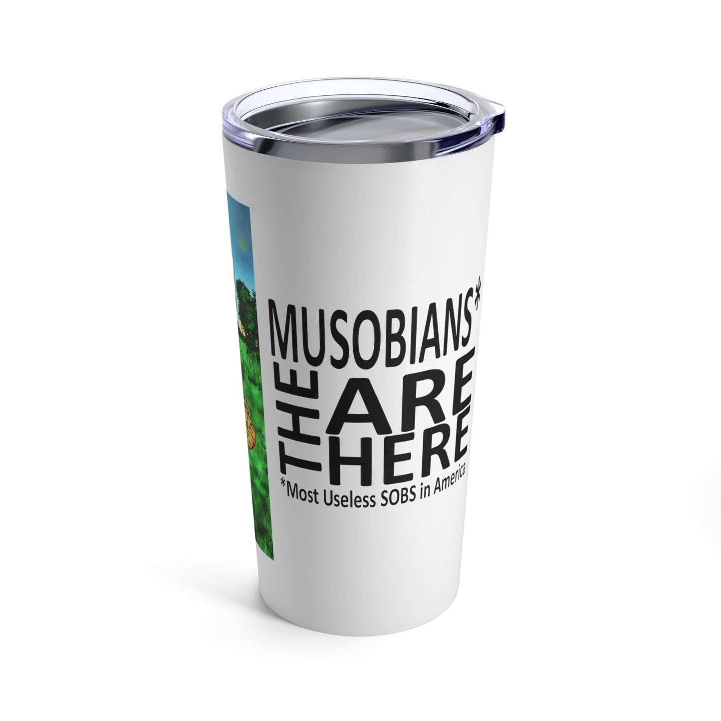 Reverse view of the Biden ATM political satire travel tumbler