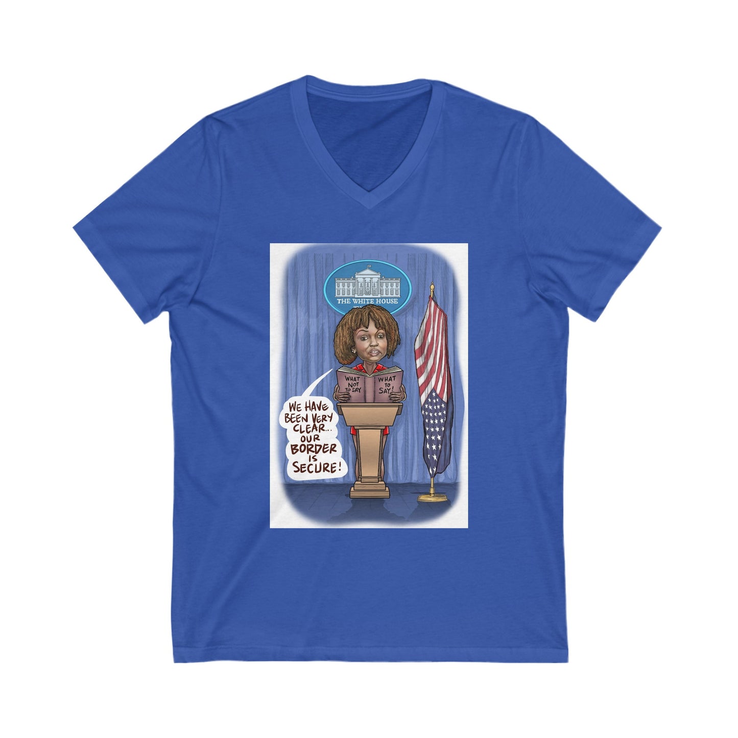 Binder Lady Musobia political satire artwork on blue V-neck T-shirt