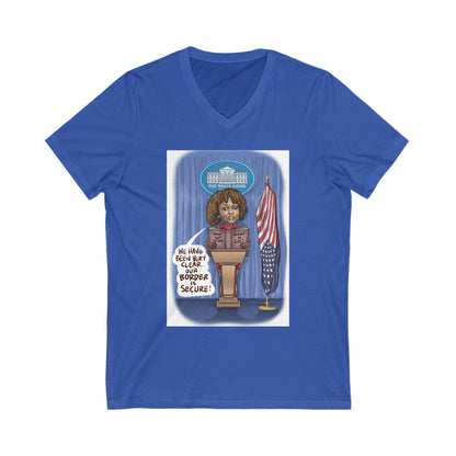 Binder Lady Musobia political satire artwork on blue V-neck T-shirt