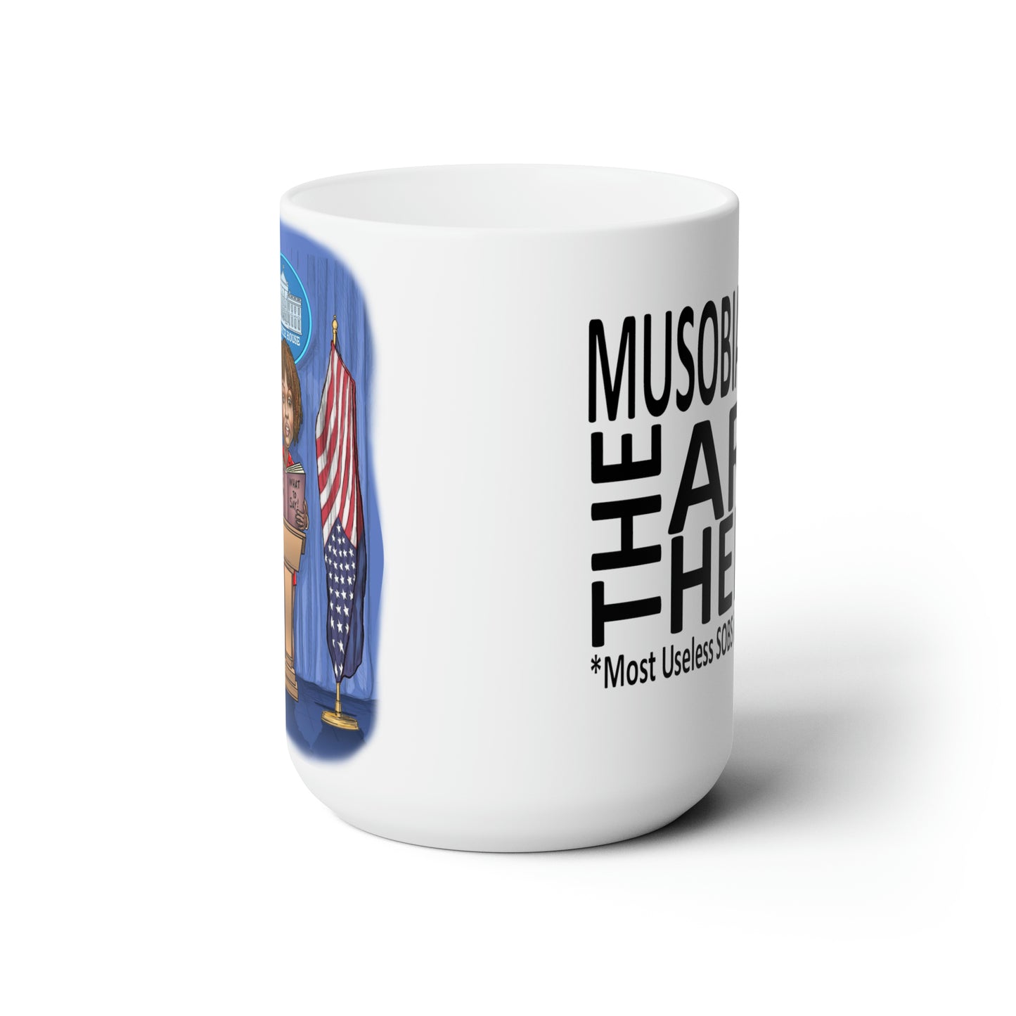 Side view of Binder Lady Musobia political satire 15 oz mug