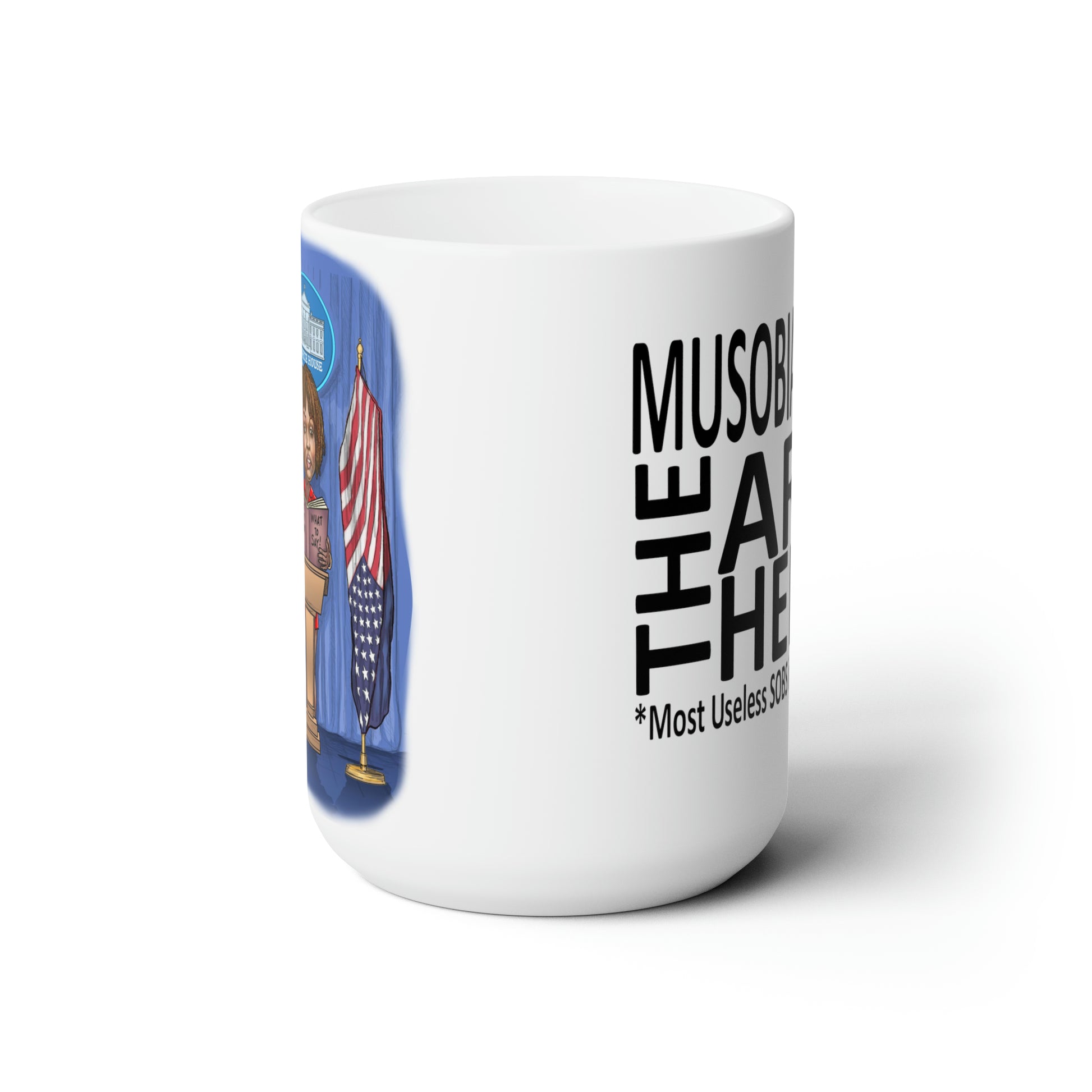 Side view of Binder Lady Musobia political satire 15 oz mug