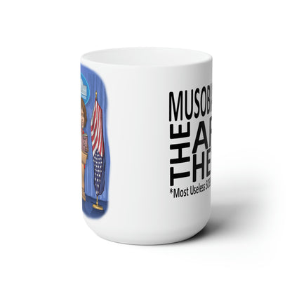 Side view of Binder Lady Musobia political satire 15 oz mug