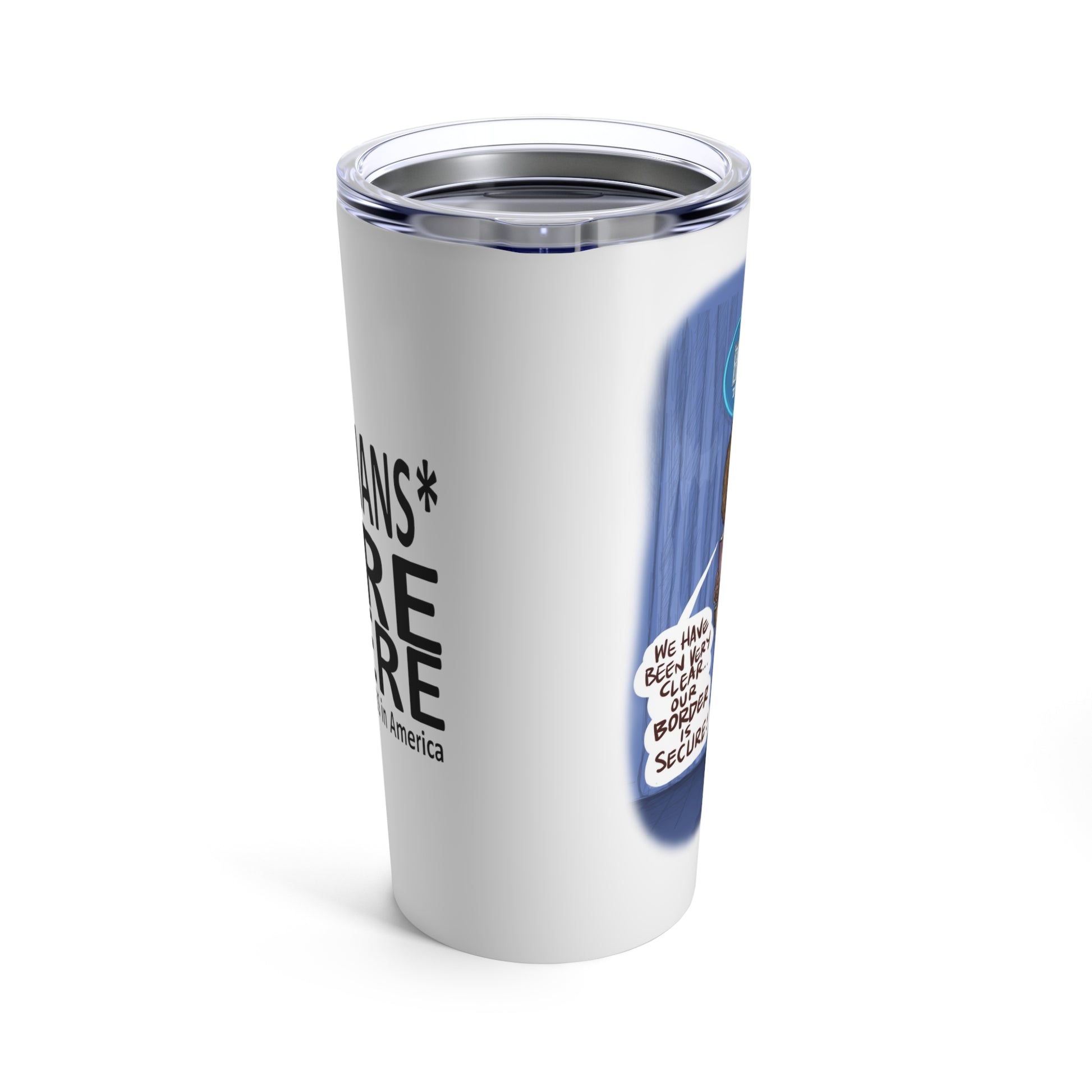 Angled view of Binder Lady blue podium artwork on 20 oz tumbler
