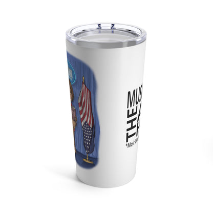 Side view of Binder Lady Musobia political satire 20 oz tumbler