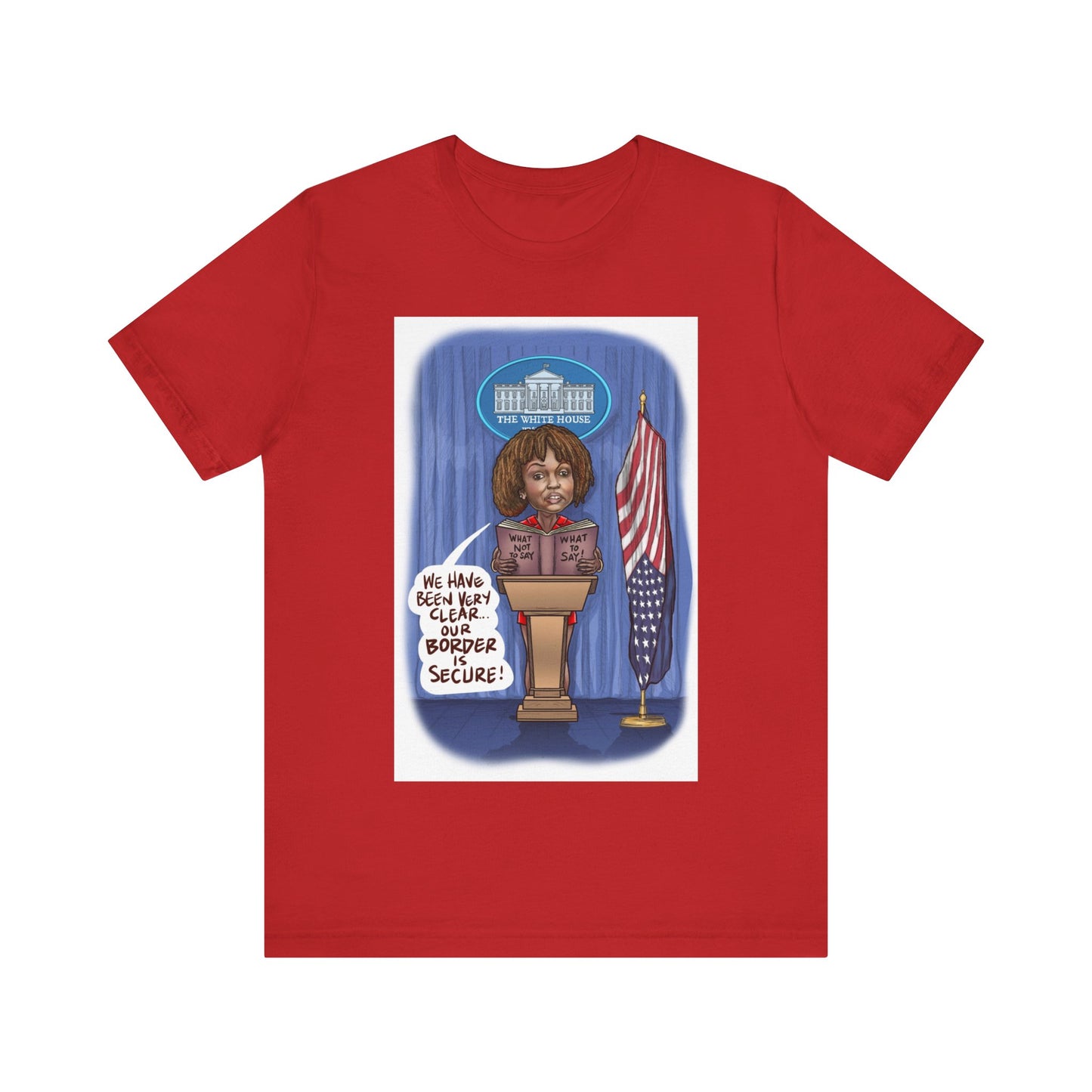 Binder Lady Musobia political satire artwork on red T-shirt