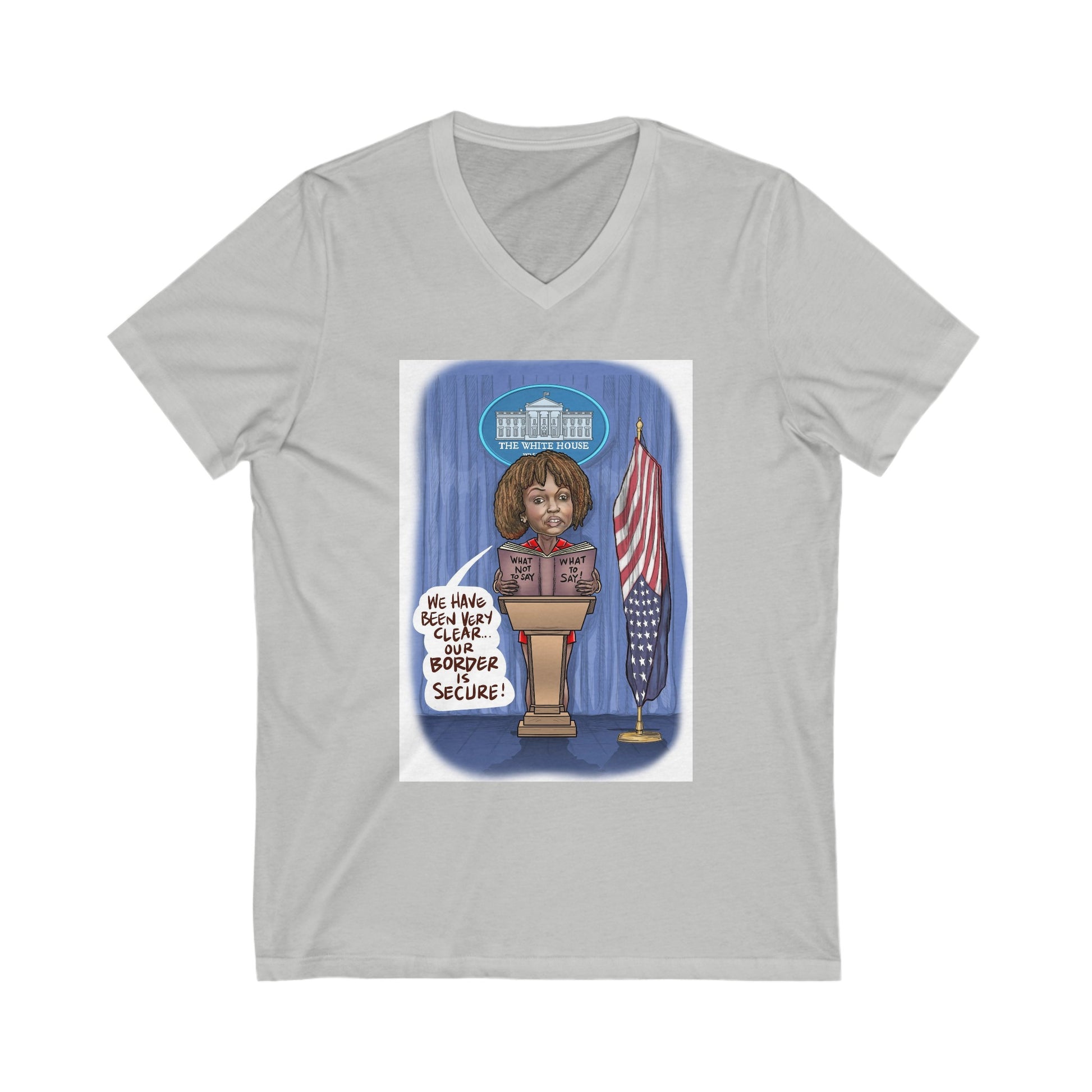 Binder Lady Musobia political satire artwork on gray V-neck T-shirt