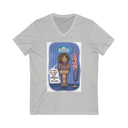 Binder Lady Musobia political satire artwork on gray V-neck T-shirt