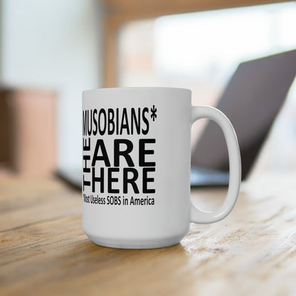 Musobians Are Here back design on Binder Lady orange 15 oz mug