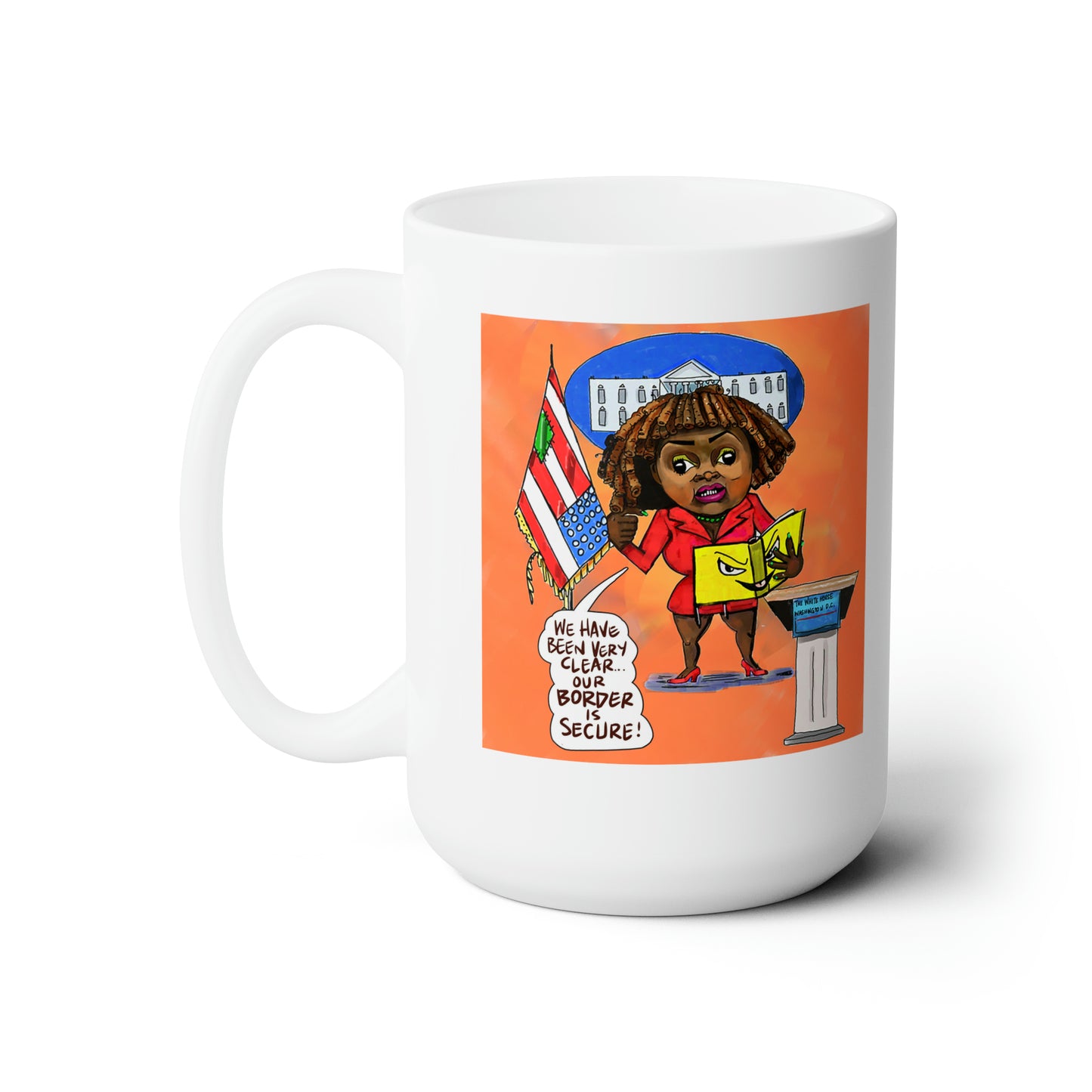 Orange Binder Lady Musobia political satire artwork on 15 oz ceramic mug