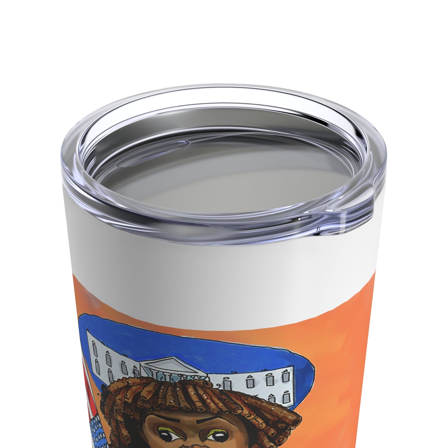 Angled view of orange Binder Lady political satire artwork on 20 oz tumbler