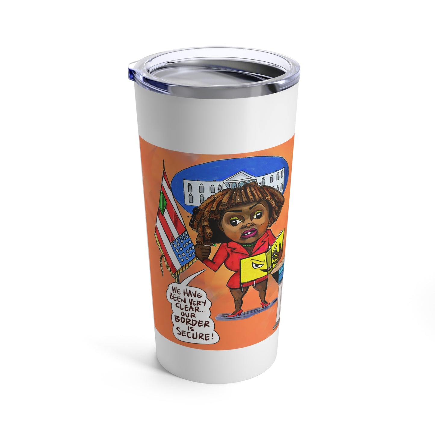 Orange Binder Lady Musobia political satire artwork on 20 oz tumbler