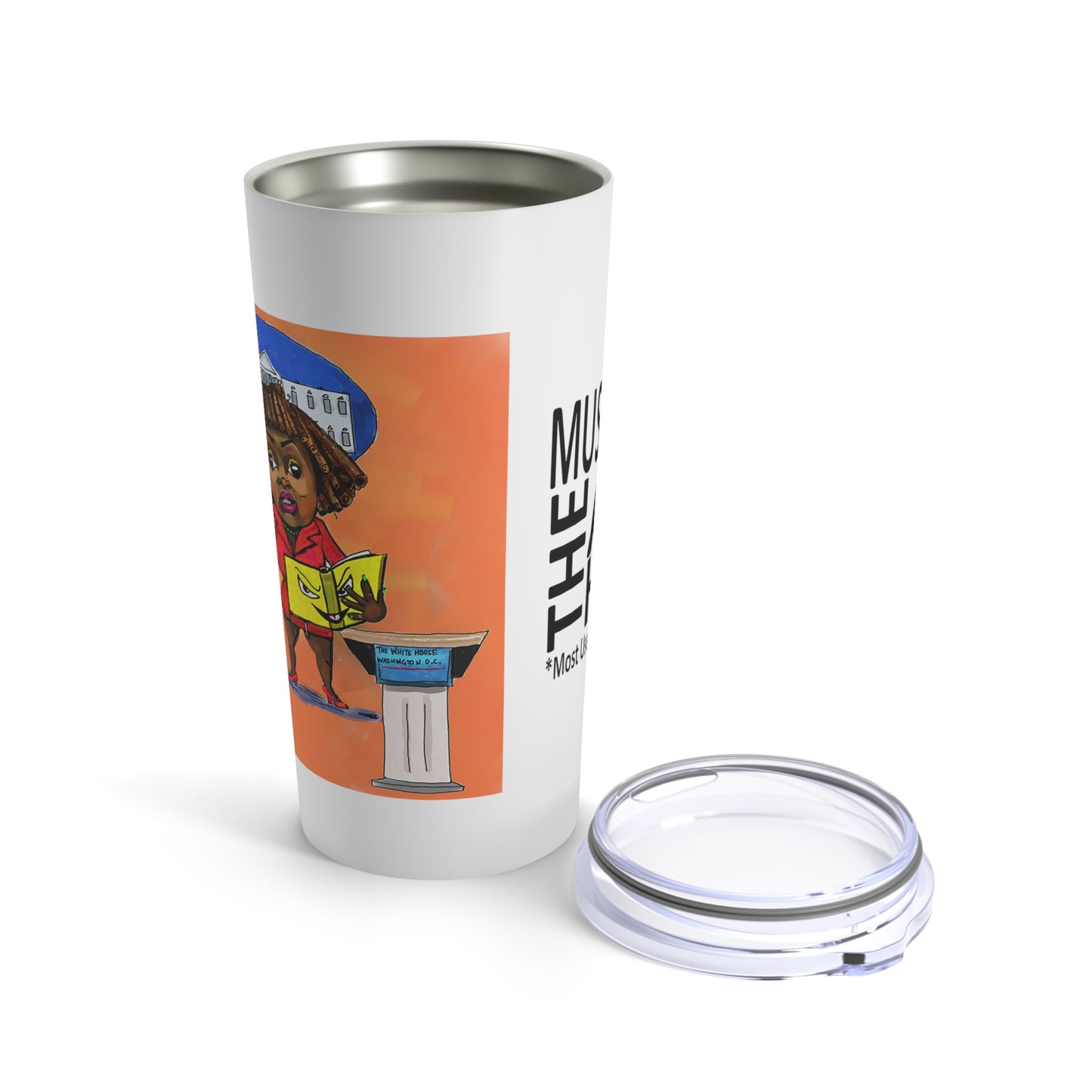 Side view of Binder Lady orange print 20 oz tumbler with clear lid