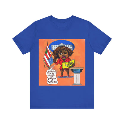 Orange Binder Lady Musobia political satire artwork on blue T-shirt