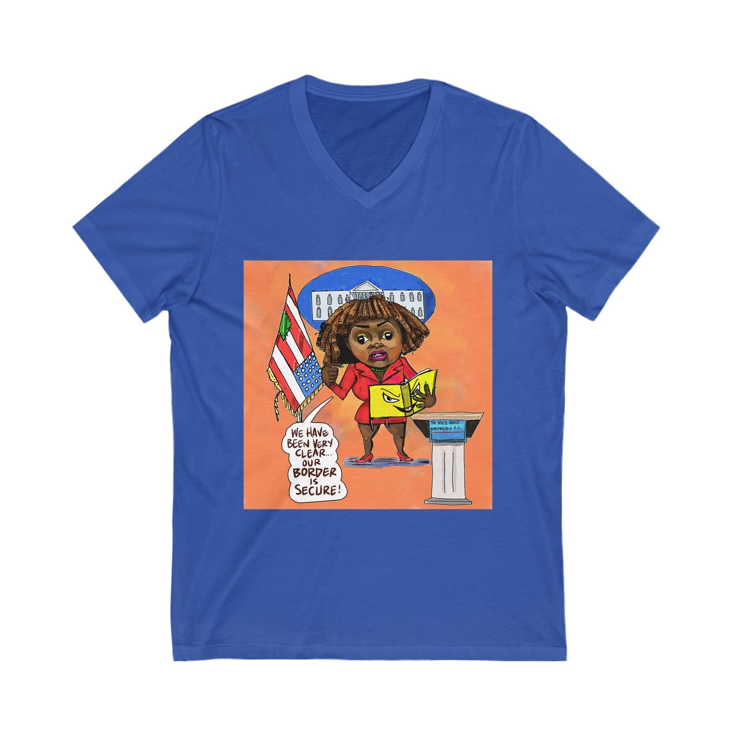 Orange Binder Lady Musobia political satire artwork on blue V-neck T-shirt