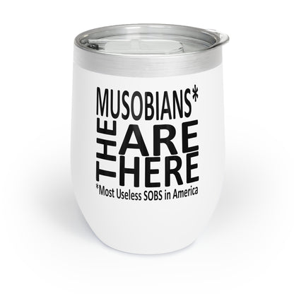 Musobians Are Here back design on Binder Lady orange chill wine tumbler