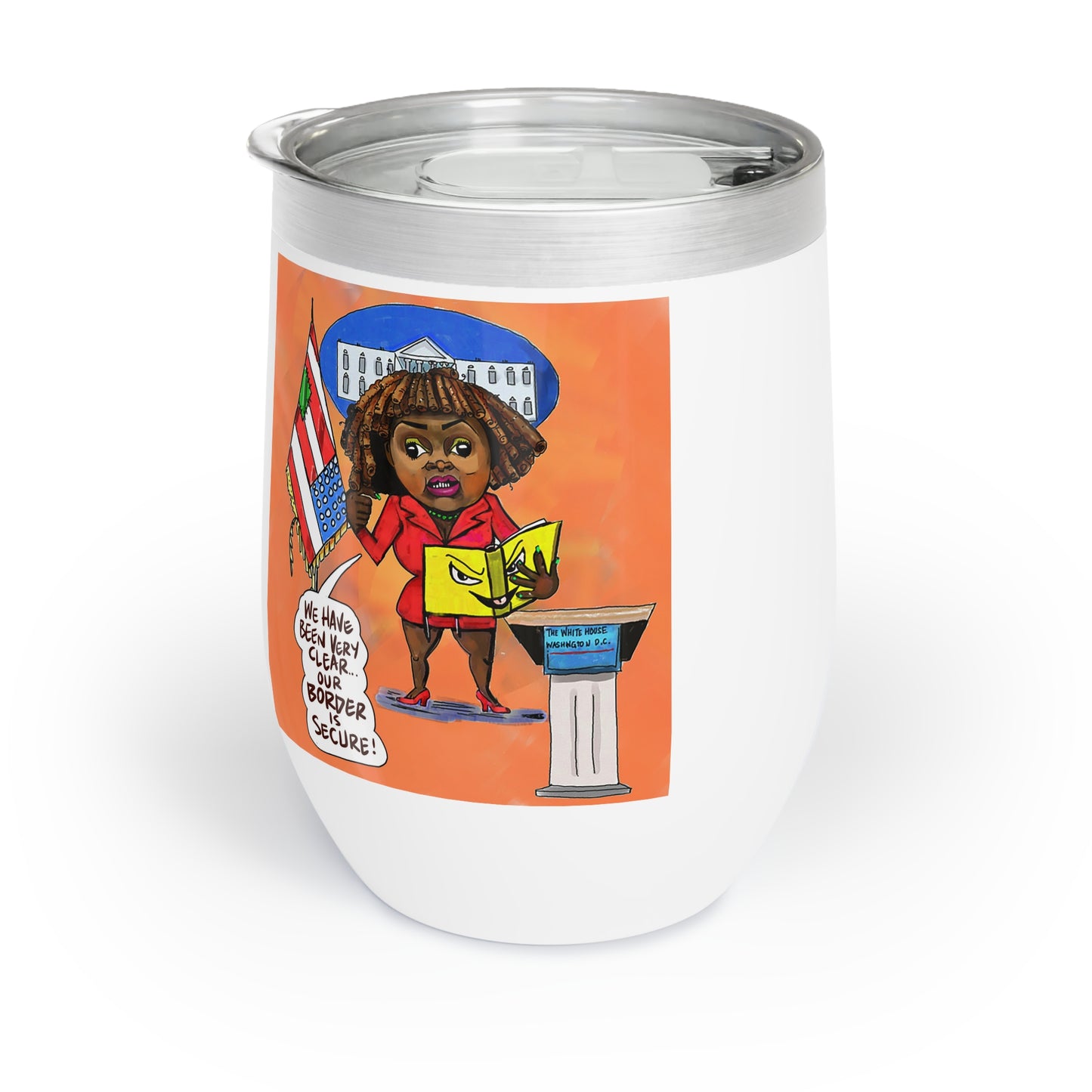 Orange Binder Lady Musobia political satire artwork on chill wine tumbler