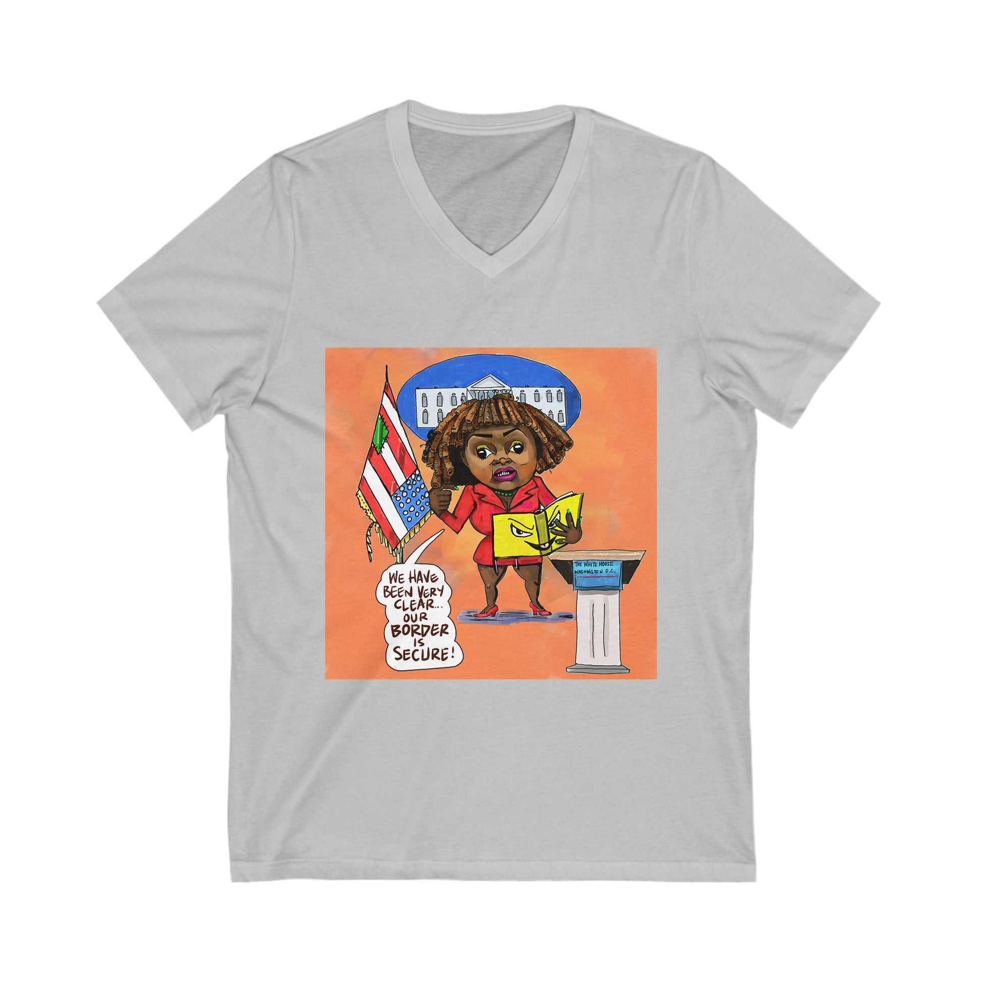 Orange Binder Lady Musobia political satire artwork on gray V-neck T-shirt