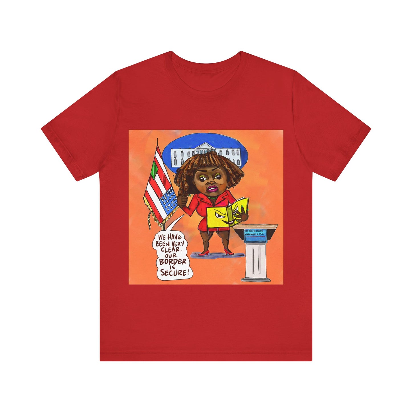 Orange Binder Lady Musobia political satire artwork on red T-shirt