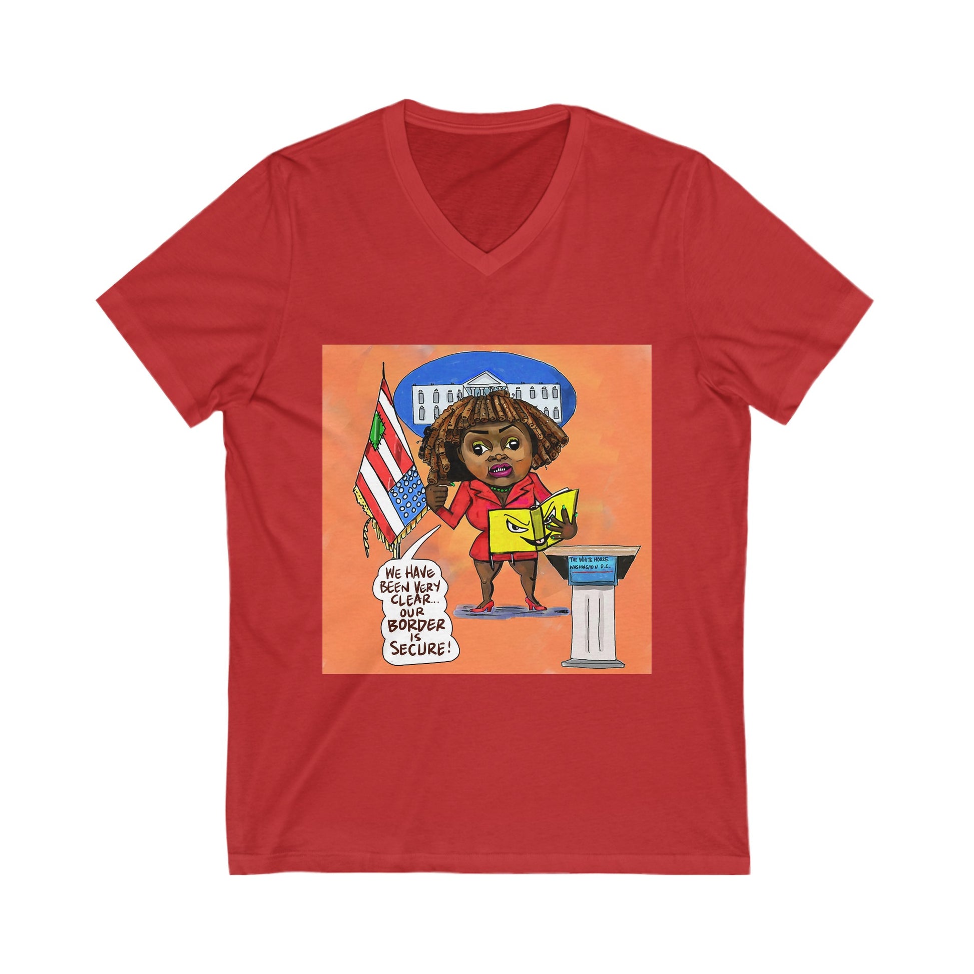 Orange Binder Lady Musobia political satire artwork on red V-neck T-shirt