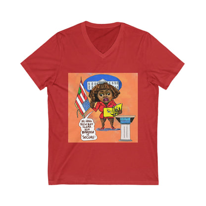 Orange Binder Lady Musobia political satire artwork on red V-neck T-shirt