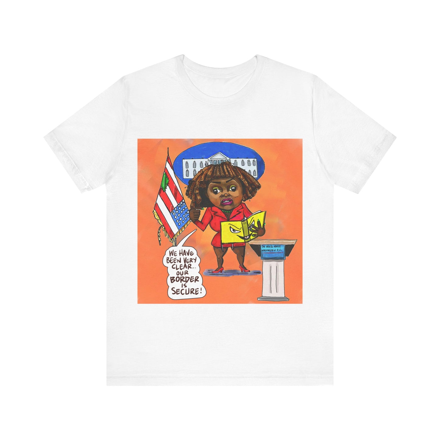 Orange Binder Lady Musobia political satire artwork on white T-shirt