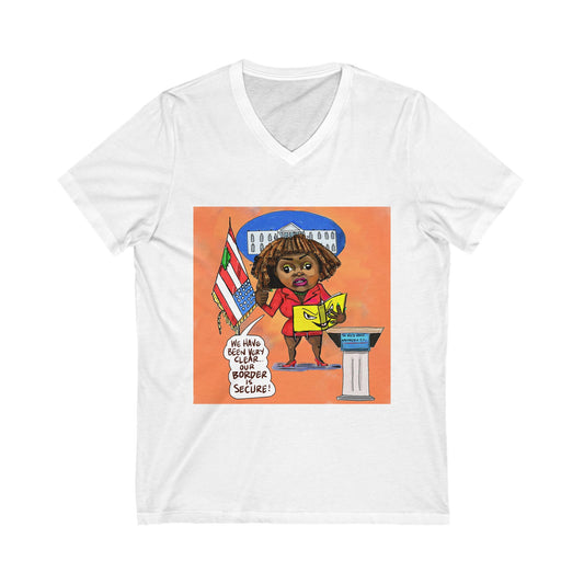 Orange Binder Lady Musobia political satire artwork on white V-neck T-shirt