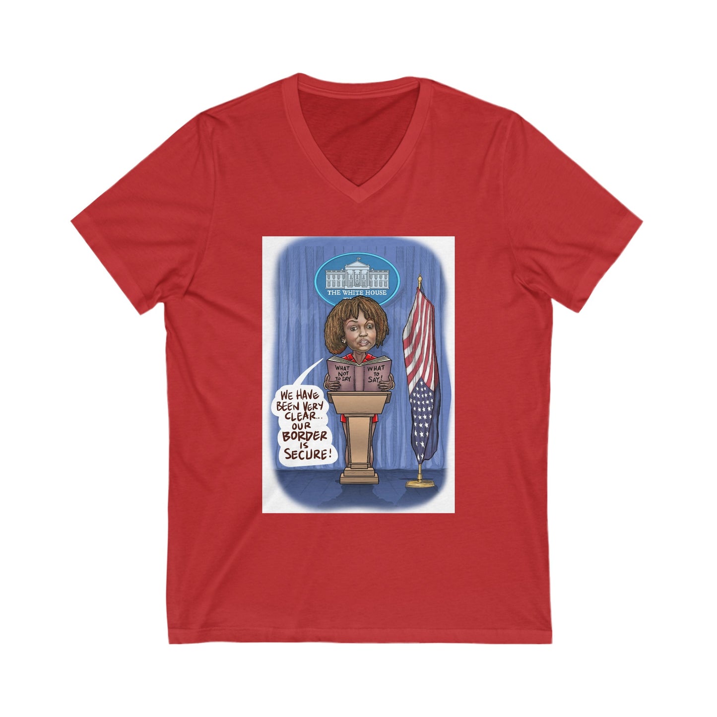 Binder Lady Musobia political satire artwork on red V-neck T-shirt