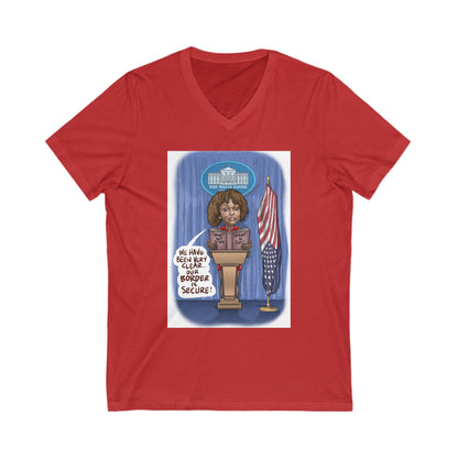 Binder Lady Musobia political satire artwork on red V-neck T-shirt
