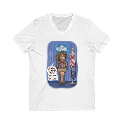 Binder Lady Musobia political satire artwork on white V-neck T-shirt