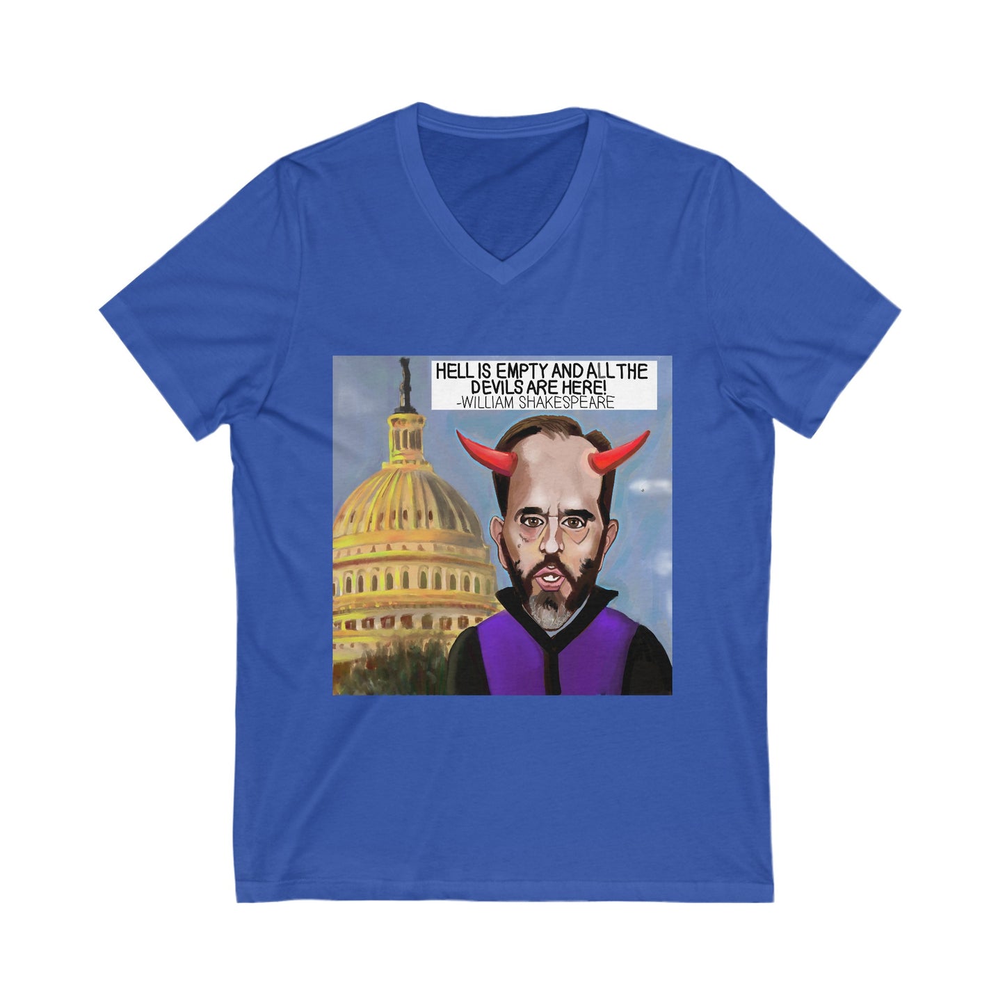 Blue Capitol Devils V-neck T-shirt featuring original Musobia Jack Smith artwork