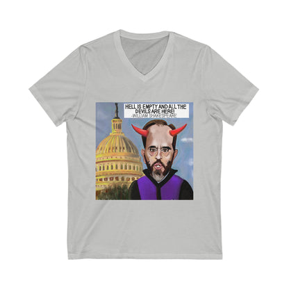 Grey Capitol Devils V-neck T-shirt with Jack Smith depicted as a horned figure at the U.S. Capitol