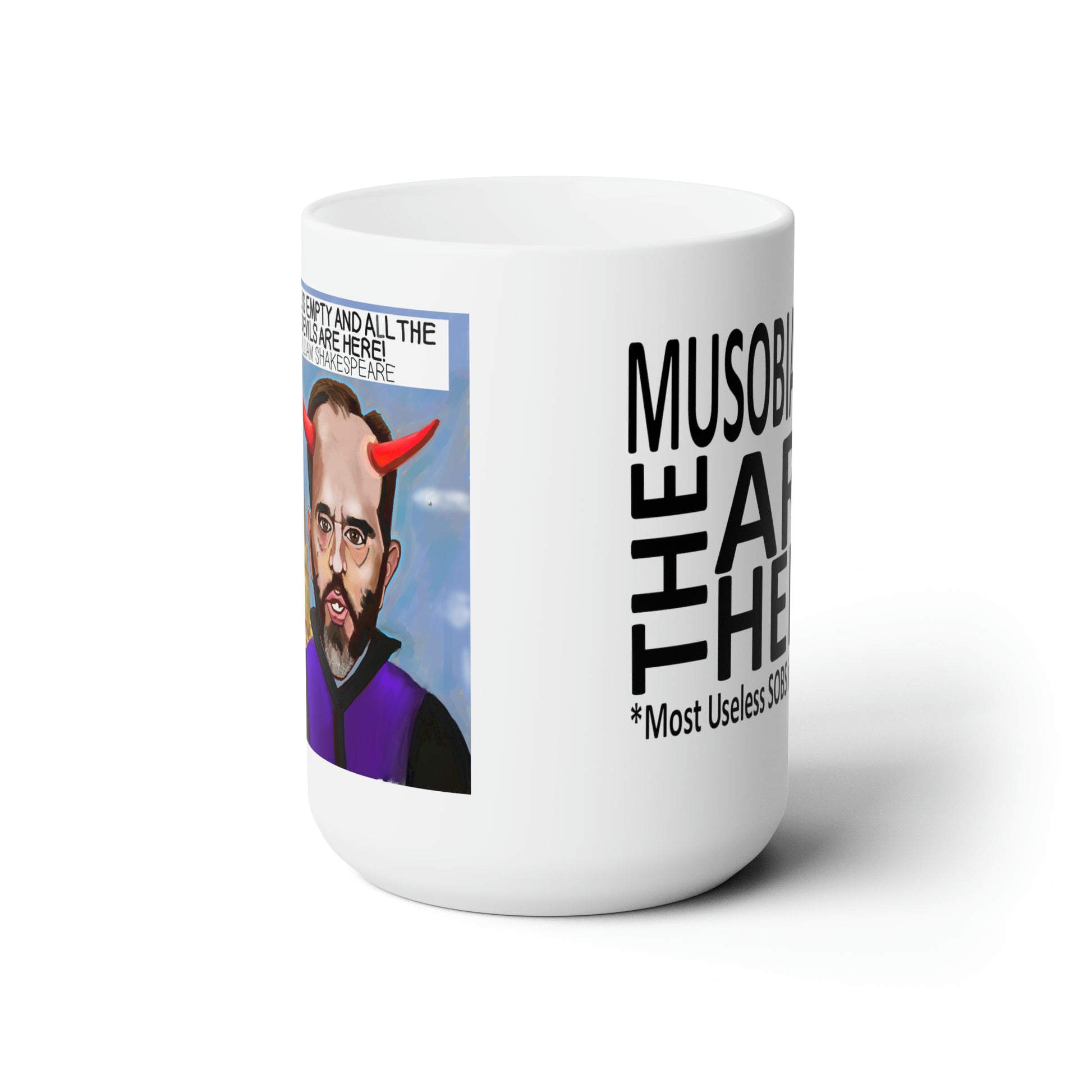Side view of the Capitol Devils ceramic mug with original Musobia Jack Smith political satire artwork