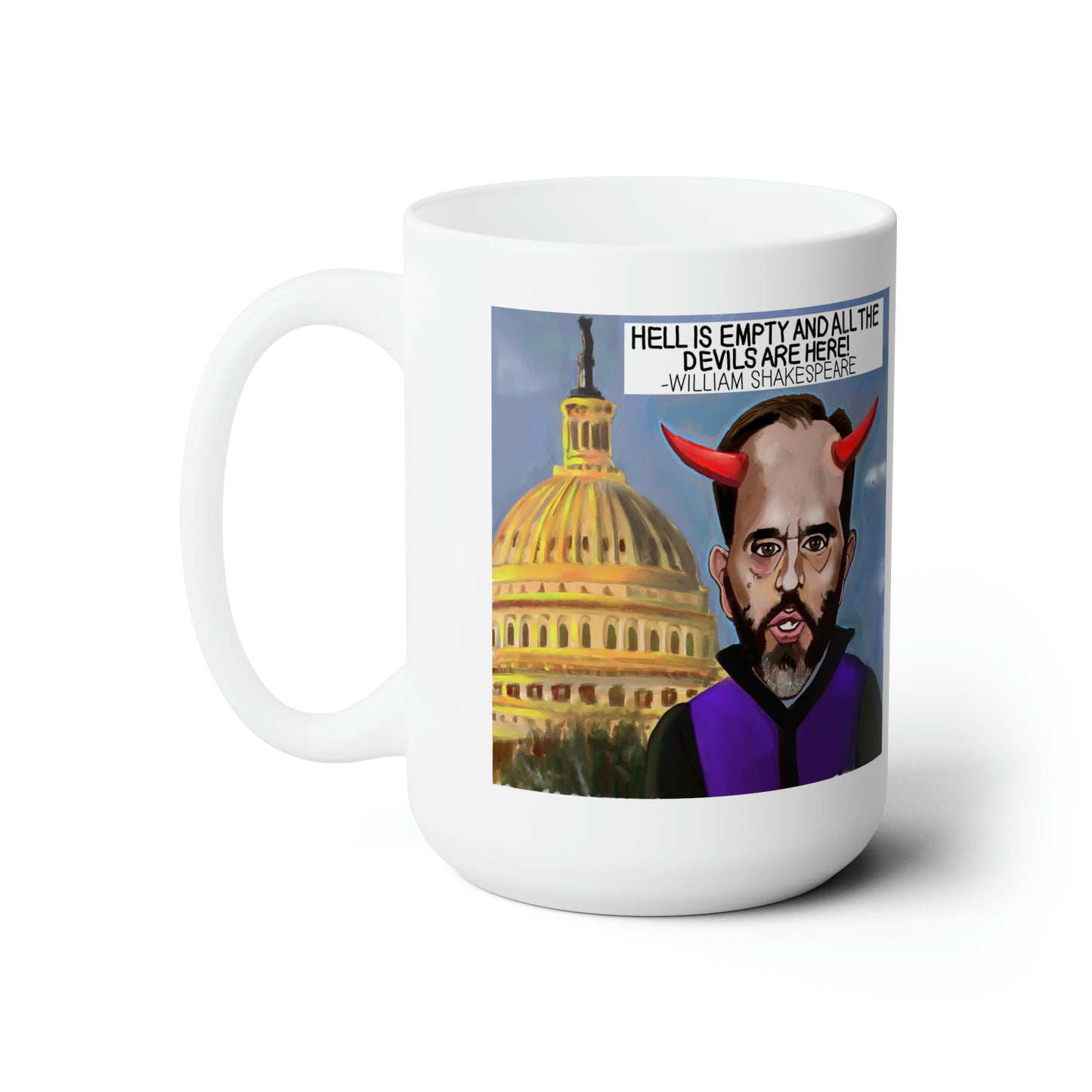 Capitol Devils 15 oz political satire mug featuring Jack Smith with devil horns before the United States Capitol