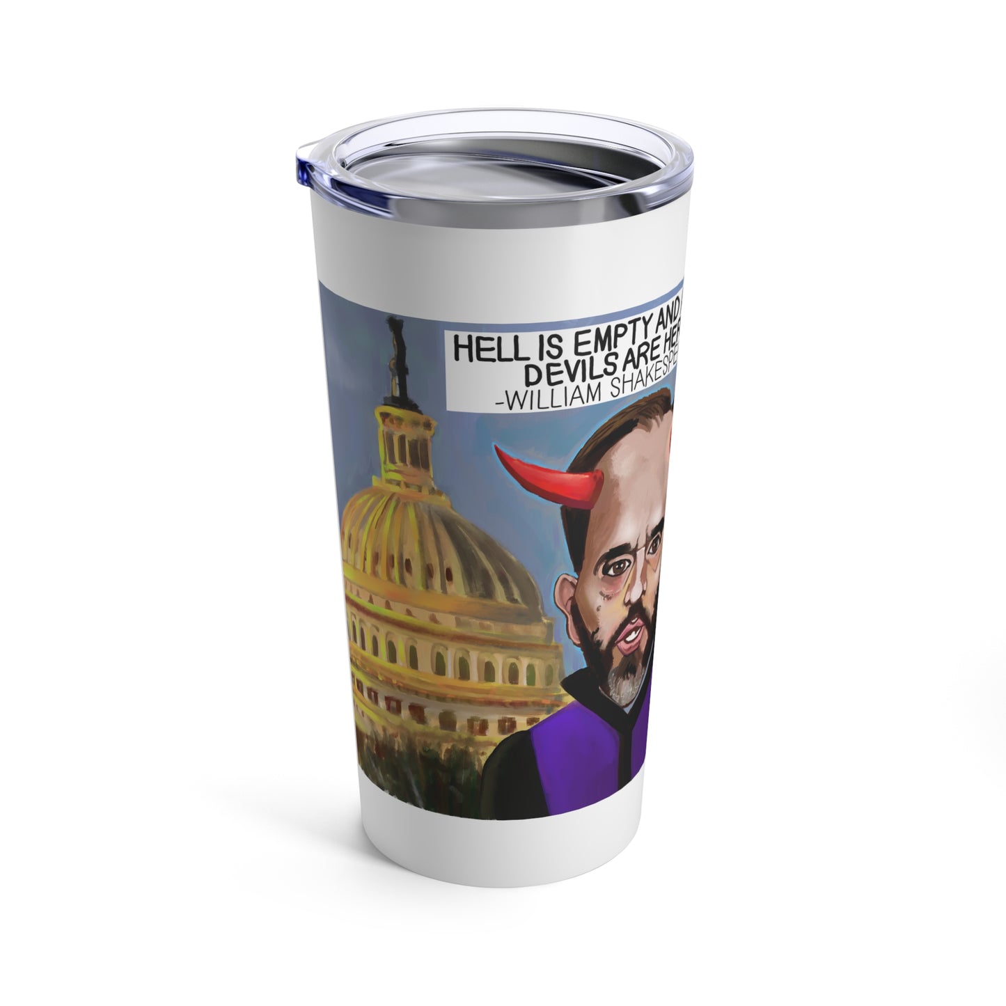 Capitol Devils 20 oz tumbler featuring Jack Smith with devil horns before the United States Capitol