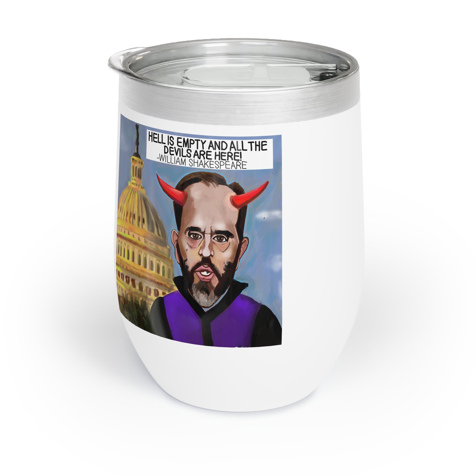 Capitol Devils wine tumbler featuring Jack Smith with devil horns before the United States Capitol