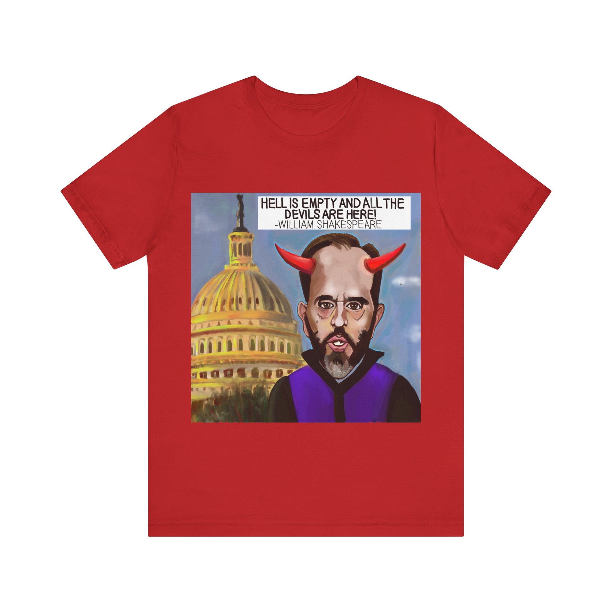 Red Capitol Devils political satire T-shirt inspired by Shakespeare’s The Tempest and Washington political drama