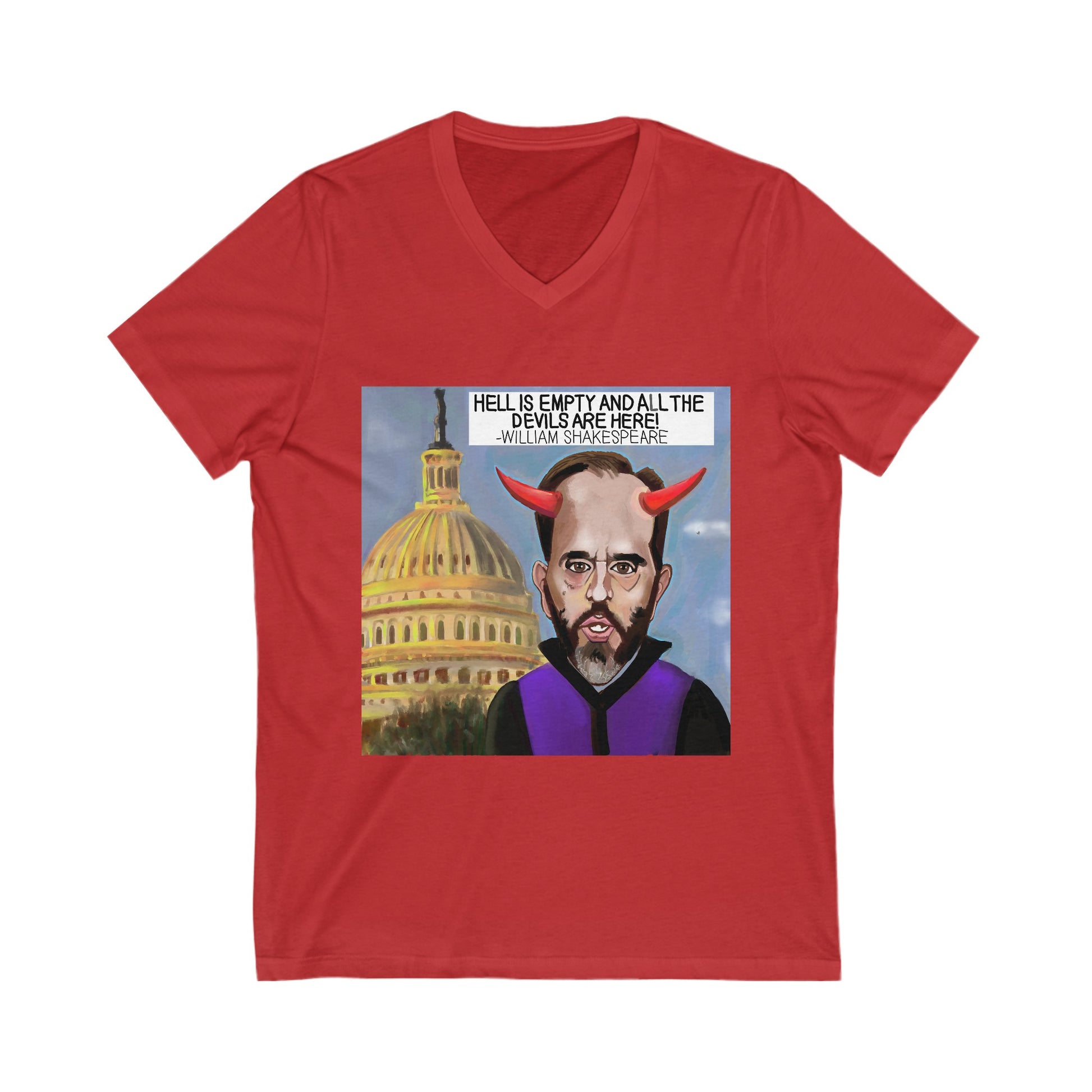 Red Capitol Devils V-neck T-shirt inspired by Shakespeare’s The Tempest and Washington political drama