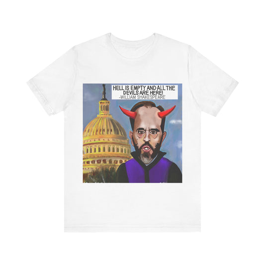 White Capitol Devils political satire T-shirt featuring Jack Smith with devil horns before the United States Capitol