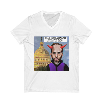 White Capitol Devils V-neck T-shirt featuring Jack Smith with devil horns before the United States Capitol