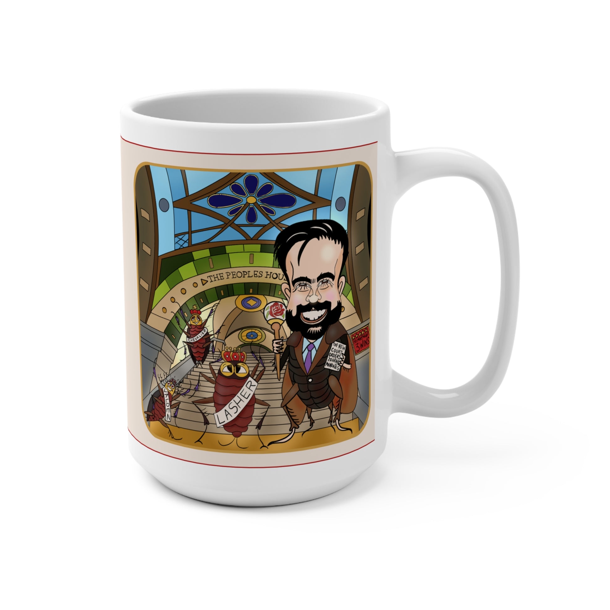 Comrade Kingmaker character artwork on white 15 oz Musobia mug