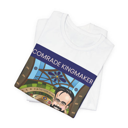 Folded Comrade Kingmaker Musobia political satire T-shirt with character artwork