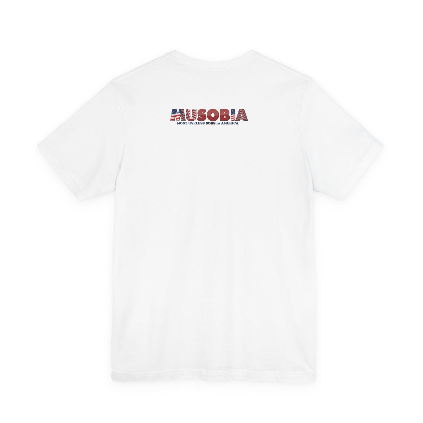 Musobia logo on back of Comrade Kingmaker white T-shirt