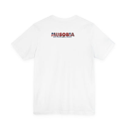 Musobia logo on back of Comrade Kingmaker white T-shirt
