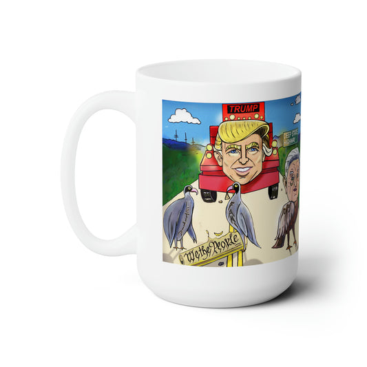 Deep State funny political gift mug showing Trump confronting George Soros and vultures over the Constitution